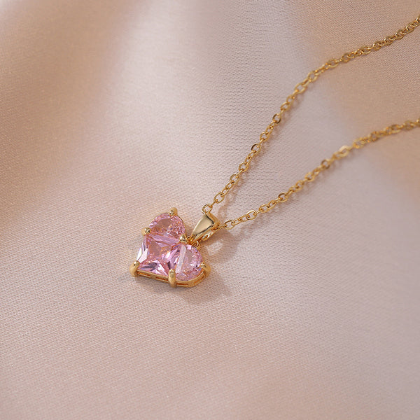 Cute Pink Crystal Heart Nacklace