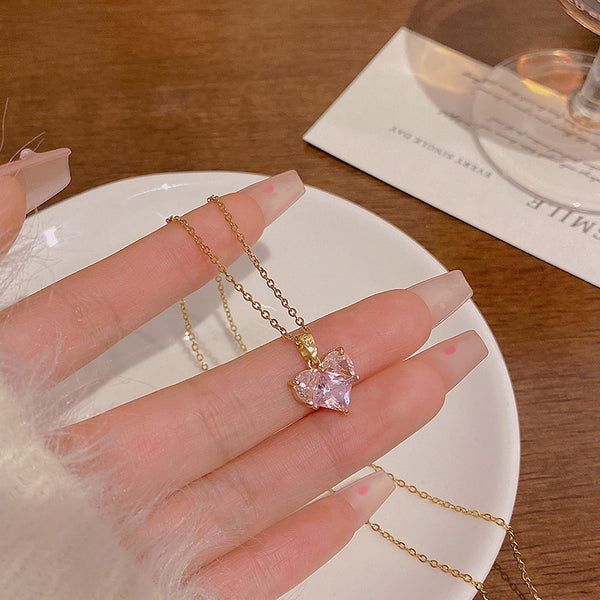 Cute Pink Crystal Heart Nacklace