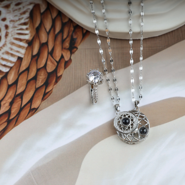 Love Moon Couple Necklace With Promise Ring Set