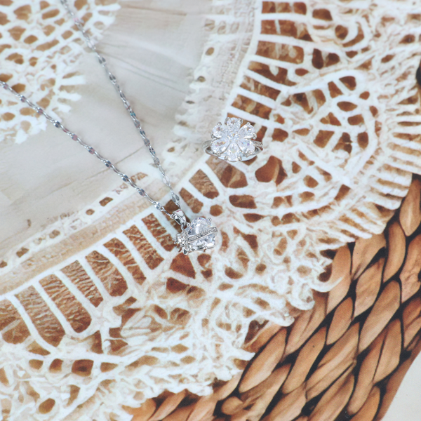 Love Crystal Shine Necklace With Crystal Flower Ring