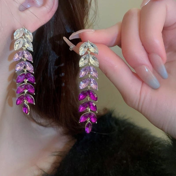 Rhinestone leaf tassel earrings
