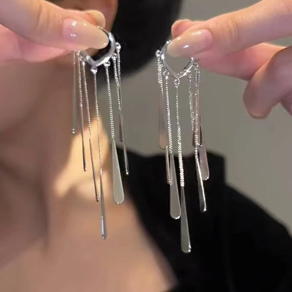 Metallic Silver Long Tassel Earrings