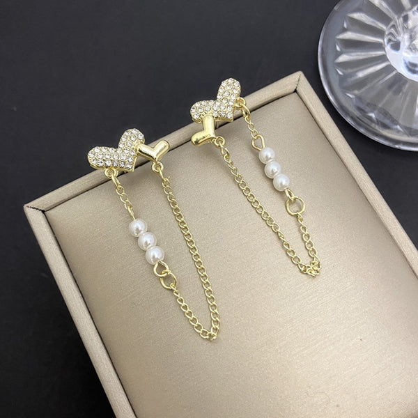 Crystal Heart Pearl Long Chain Tassel Earring