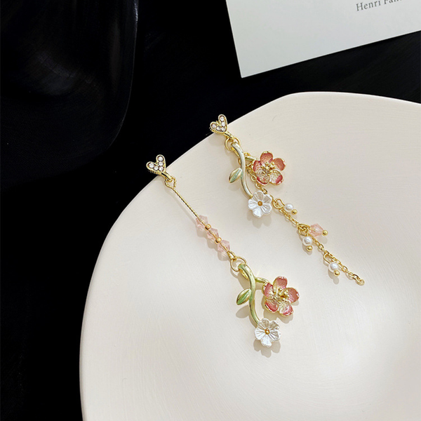 Crystal Pink Flower Long Tassel Earring