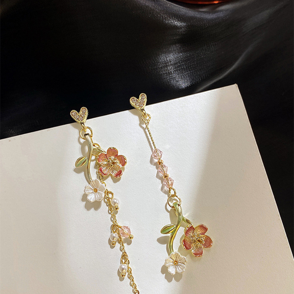 Crystal Pink Flower Long Tassel Earring