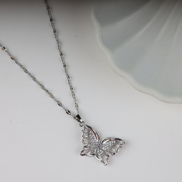 Silver Butterfly Zircon Pendant Necklace