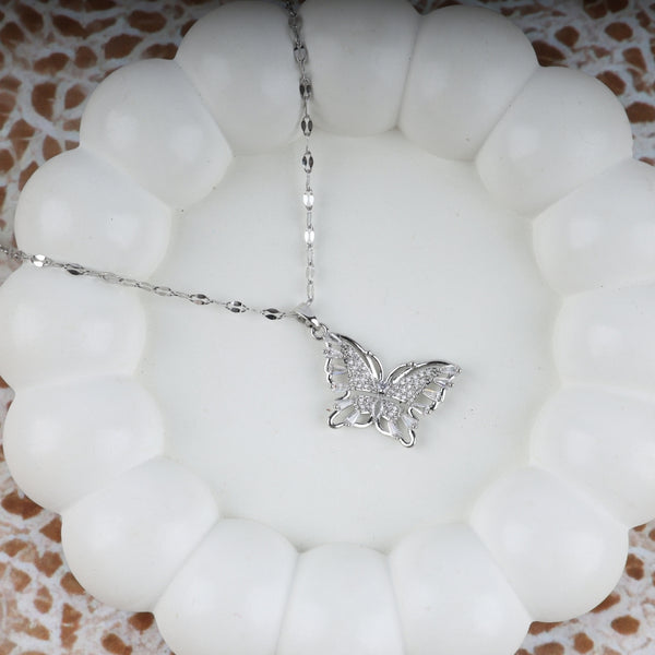 Silver Butterfly Zircon Pendant Necklace