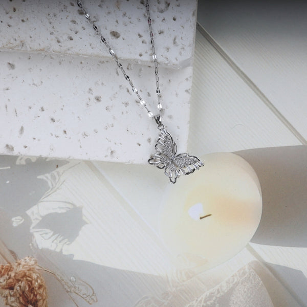 Silver Butterfly Zircon Pendant Necklace