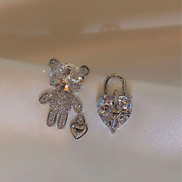 Sparkling Teddy Bear & Heart Lock Earrings