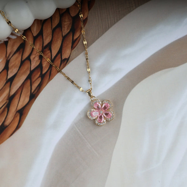 Gold Plated Pink Flower Pendant Necklace
