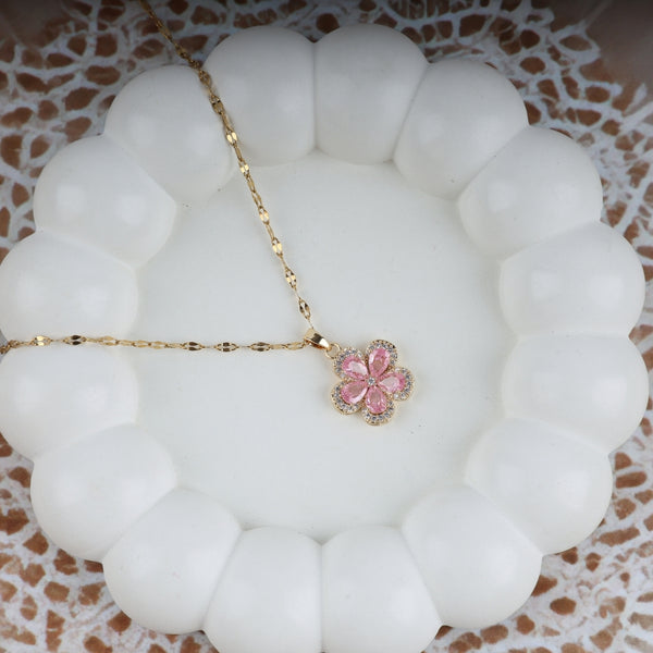 Gold Plated Pink Flower Pendant Necklace