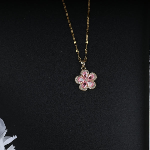 Gold Plated Pink Flower Pendant Necklace