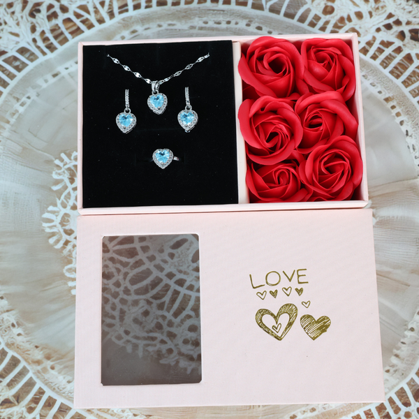 Crystal Heart Necklace,Earrings,Ring Three Piece Set