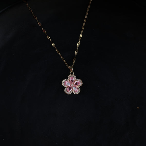 Gold Plated Pink Flower Pendant Necklace