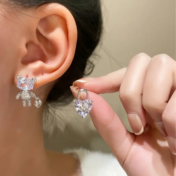 Sparkling Teddy Bear & Heart Lock Earrings