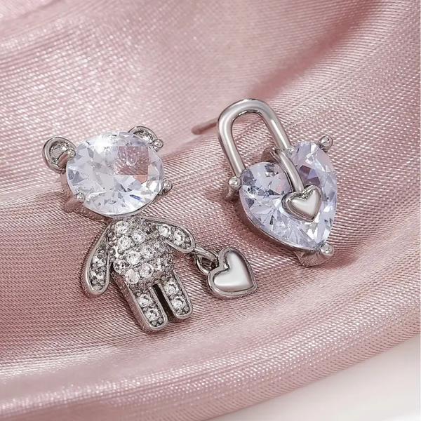 Sparkling Teddy Bear & Heart Lock Earrings