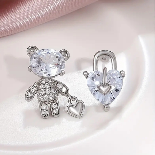 Sparkling Teddy Bear & Heart Lock Earrings