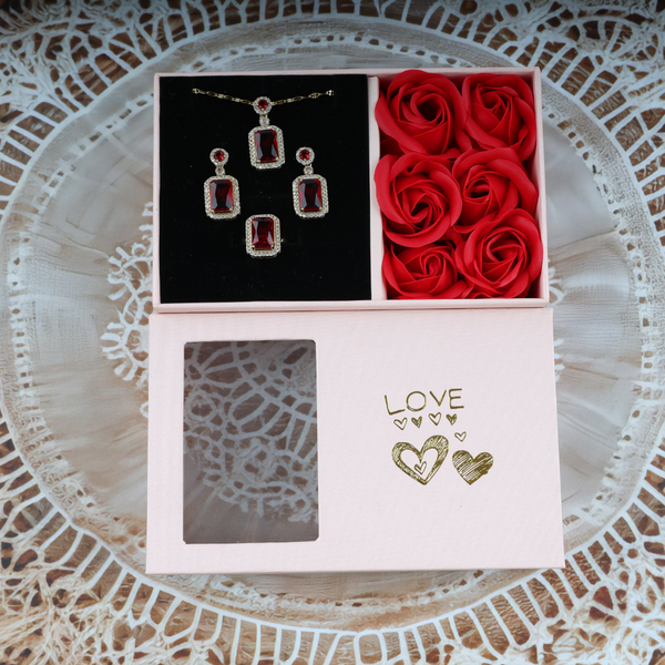 Love Red Cube Shape Necklace, Ring, Earring Set