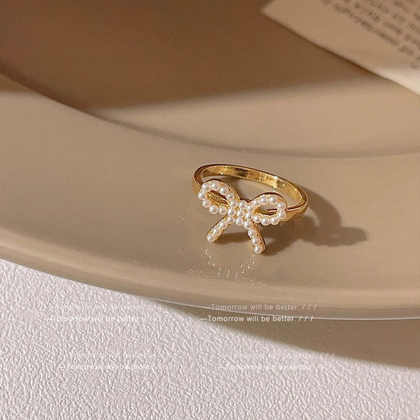 Gold Bow Ring With White Pearl