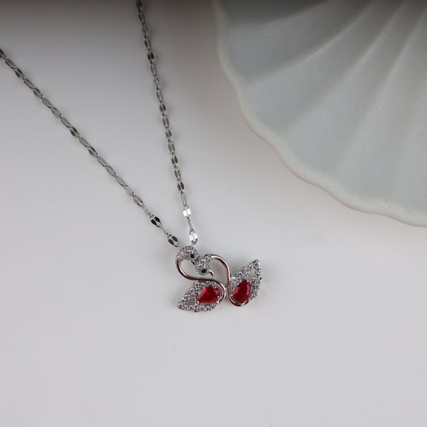 Red double swan silver chain necklace