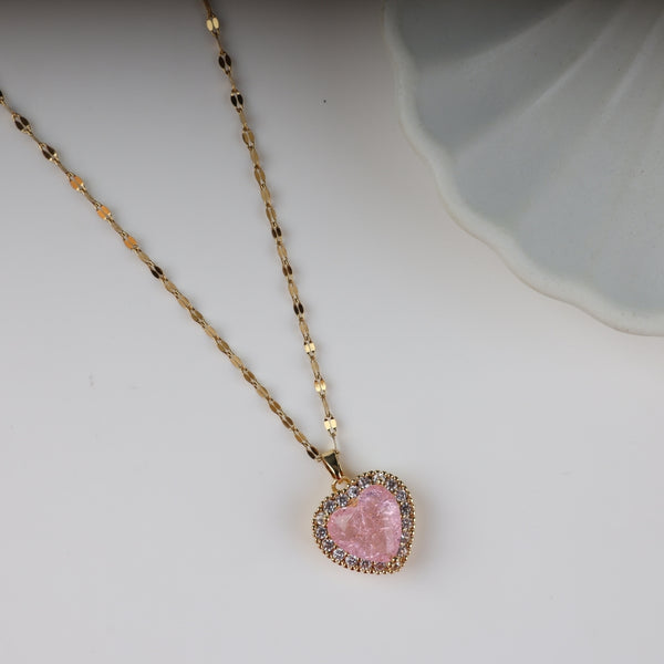 Gold Chain Pink Heart Stone Necklace