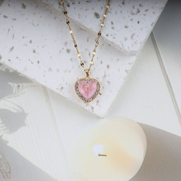 Gold Chain Pink Heart Stone Necklace