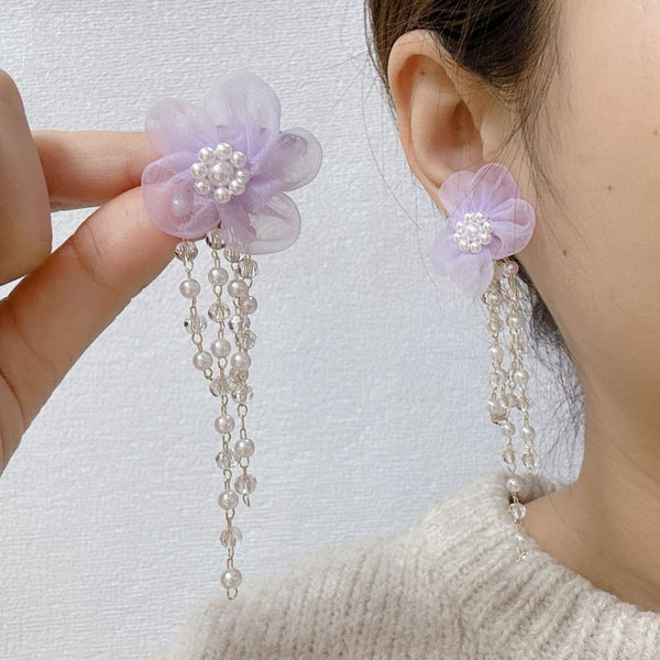 Purple flower white pearl earring