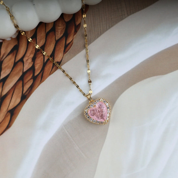 Gold Chain Pink Heart Stone Necklace