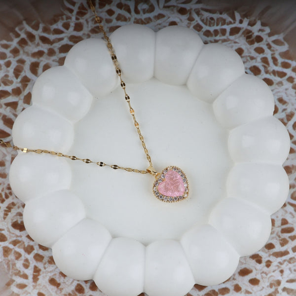 Gold Chain Pink Heart Stone Necklace