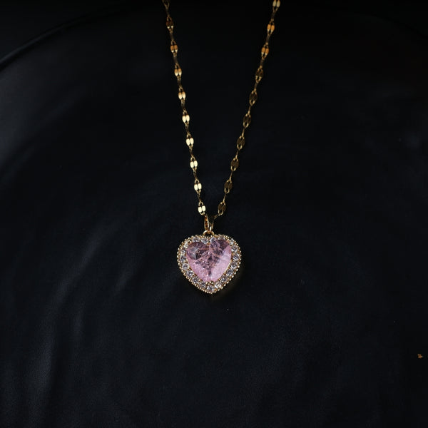 Gold Chain Pink Heart Stone Necklace