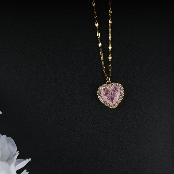 Gold Chain Pink Heart Stone Necklace