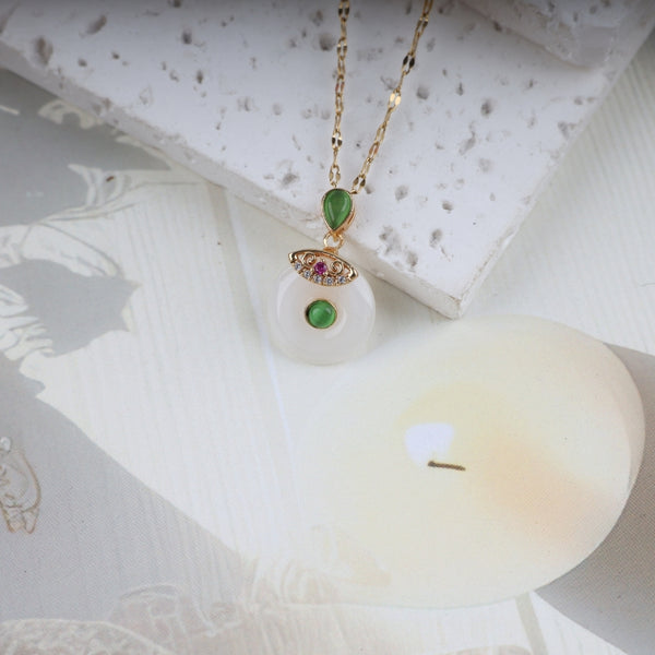 White Circular And Green Stone Necklace