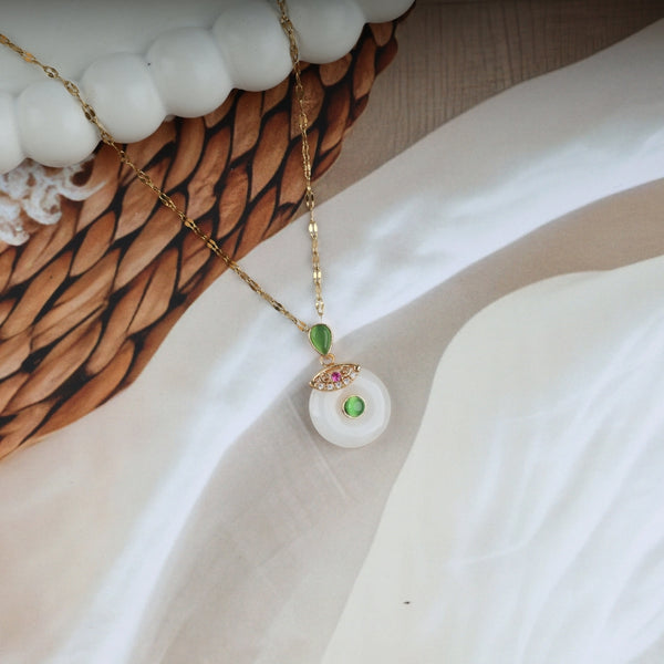 White Circular And Green Stone Necklace