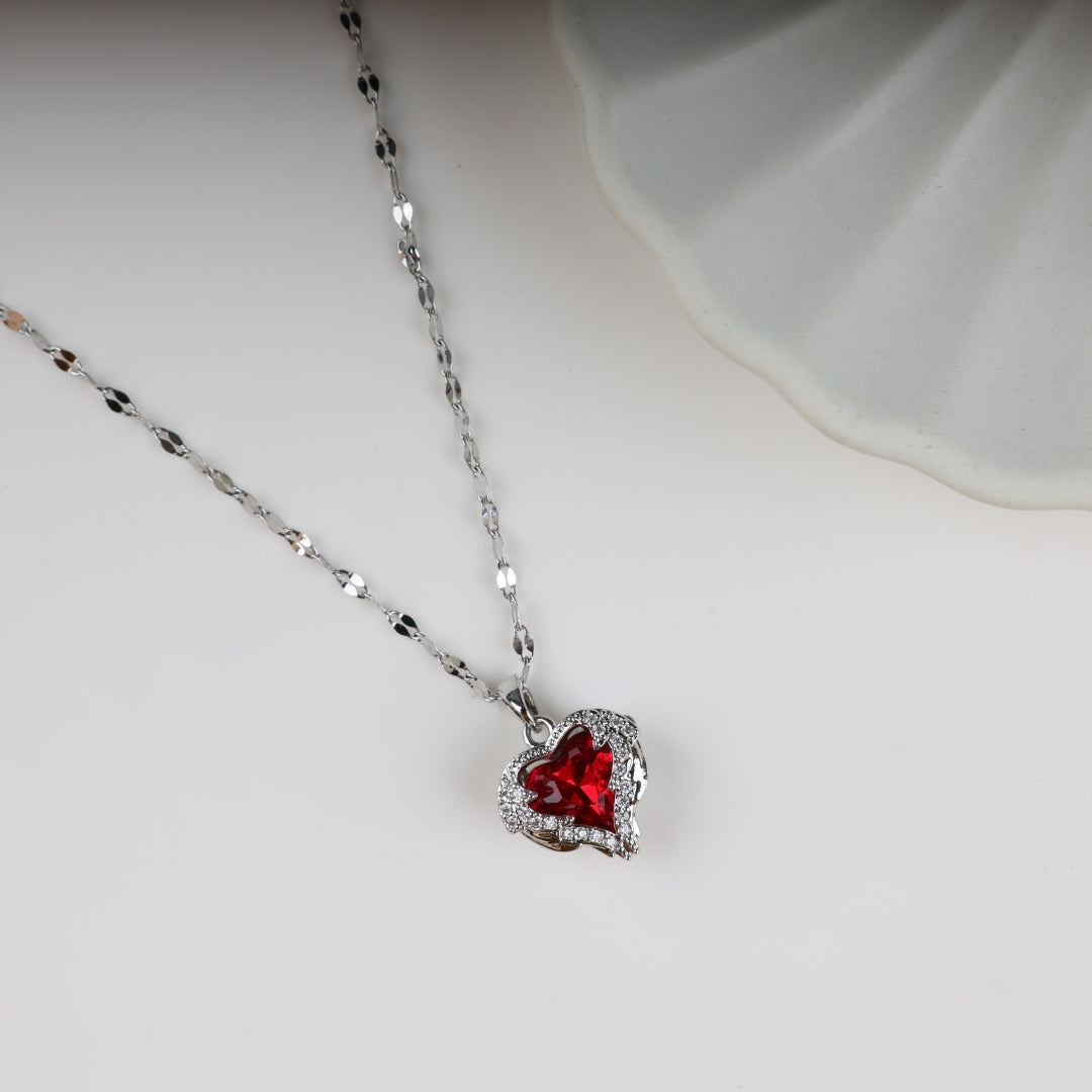Silver chain red heart necklace