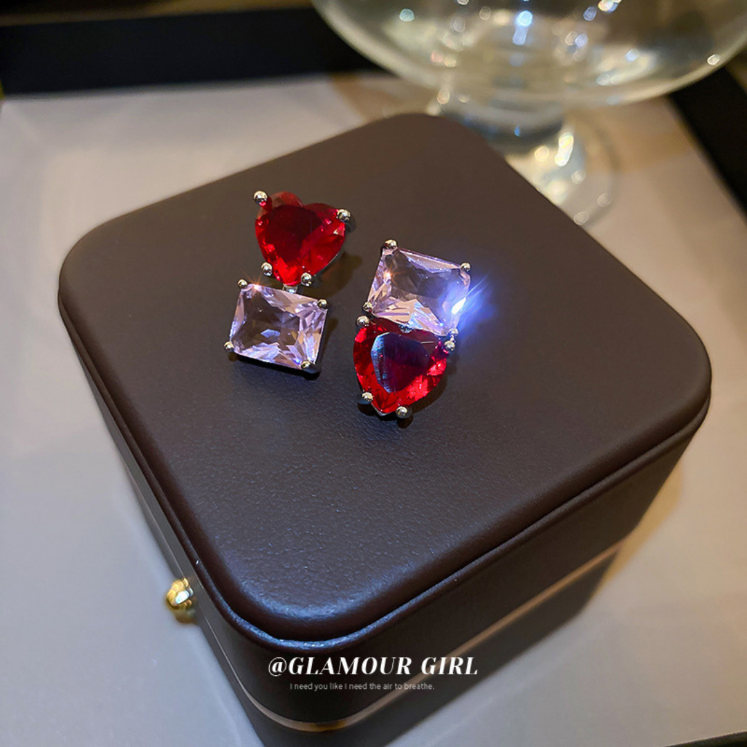 Red Crystal Heart Geometric Stud Earrings