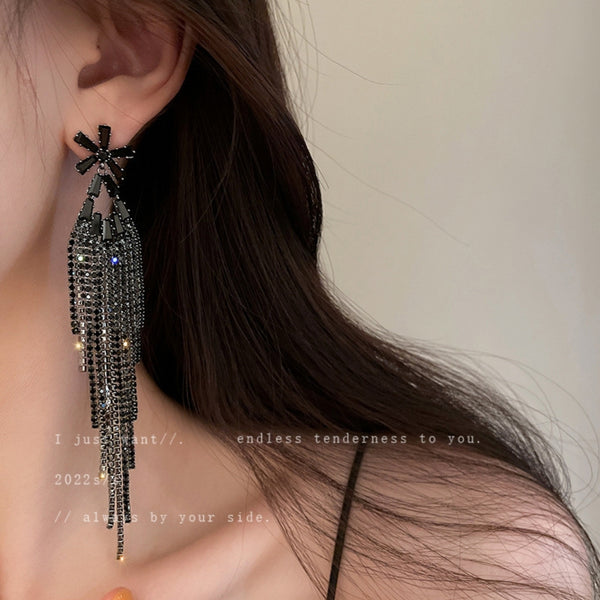 Black Stone Long Chain Earrings