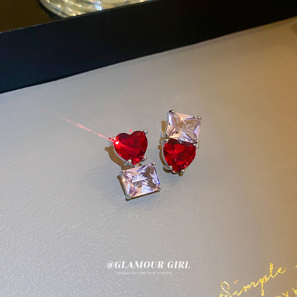 Red Crystal Heart Geometric Stud Earrings