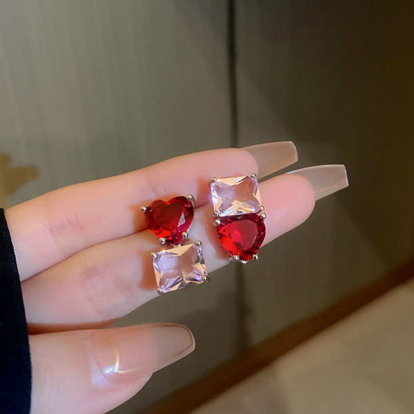 Red Crystal Heart Geometric Stud Earrings