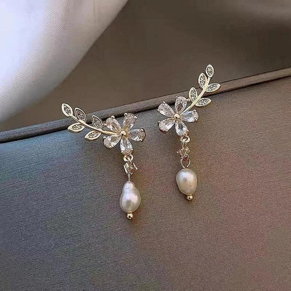 Crystal Floral Pearl Drop Earrings
