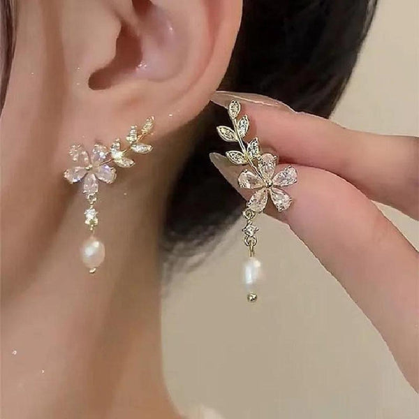 Crystal Floral Pearl Drop Earrings