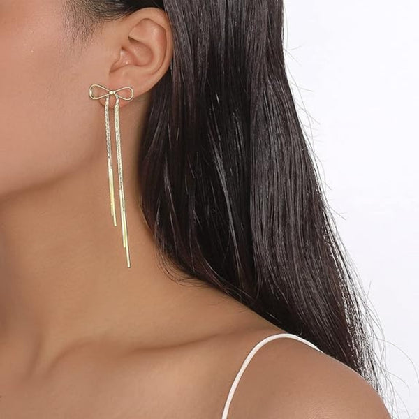 Long Rhinestone Gold Bowknot Earrings
