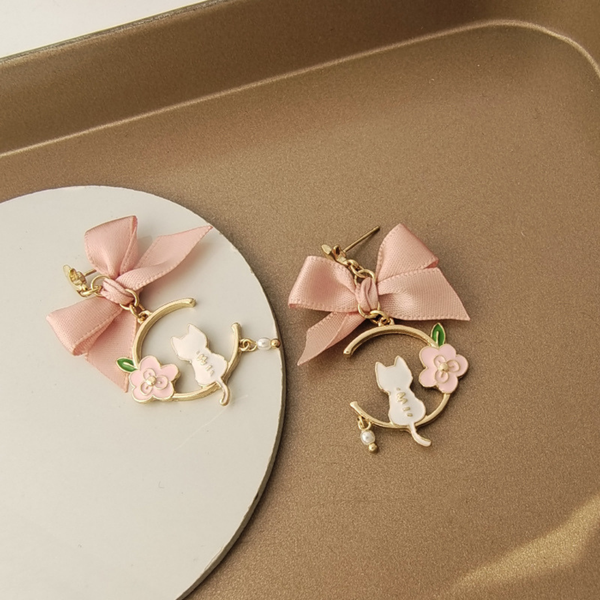 Cute Pink Bow Cat Drop Earring