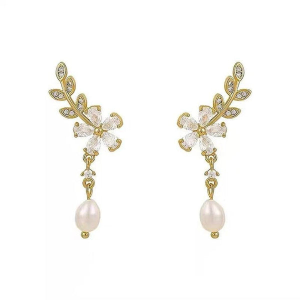 Crystal Floral Pearl Drop Earrings