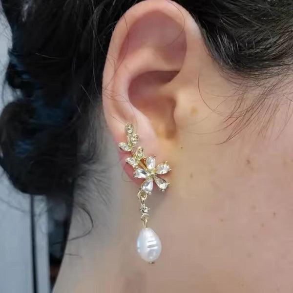 Crystal Floral Pearl Drop Earrings