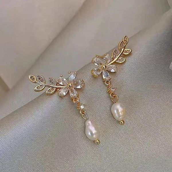 Crystal Floral Pearl Drop Earrings