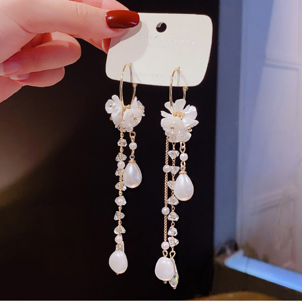 Long Tassel Pearl Drop Earrings