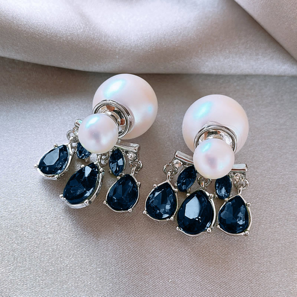 Blue Crystal And Double Pearl Earring