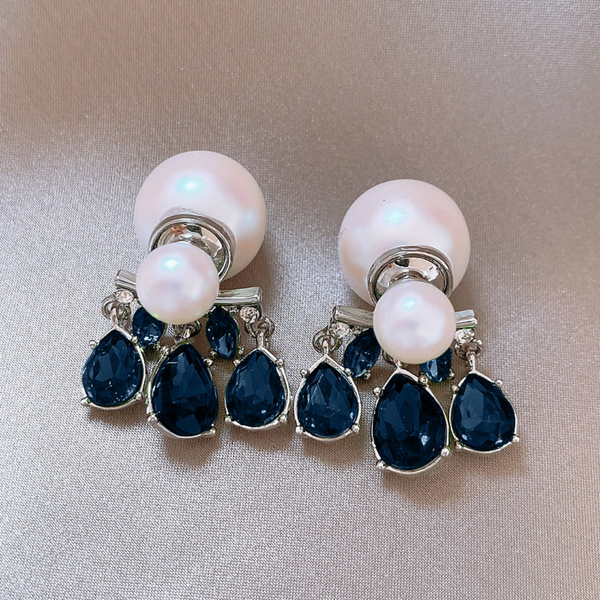 Blue Crystal And Double Pearl Earring