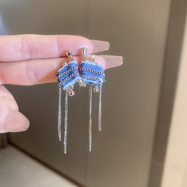 Blue Denim Tassel Chain Earrings