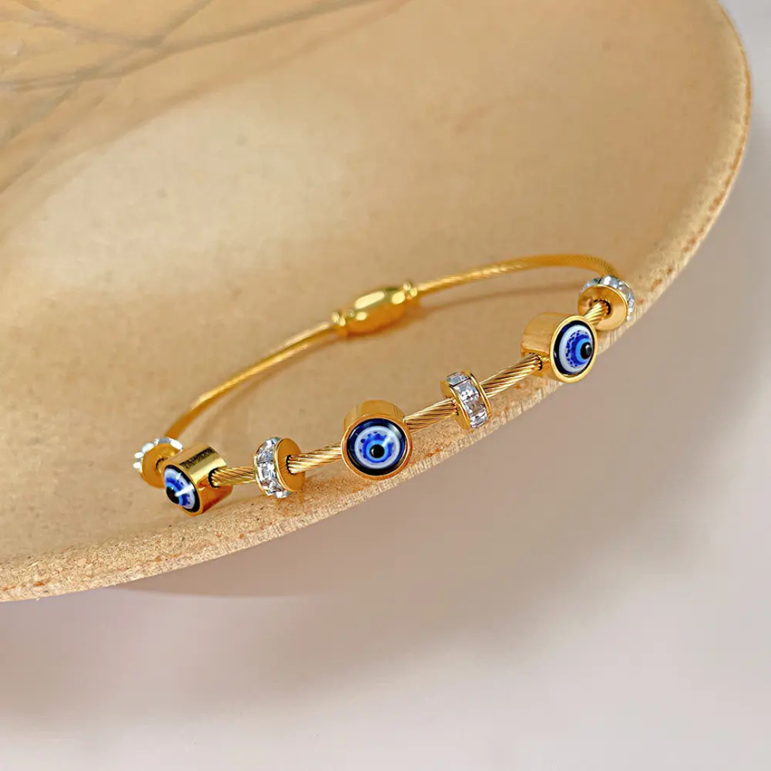 Stainless Steel Zircon Studded Gold Evil Eye Bracelet for Women Kada